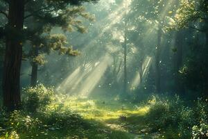 Sun rays filtering through leafy canopy in a wooded track photo