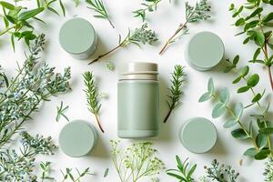 A green bottle of body lotion surrounded by various plants photo