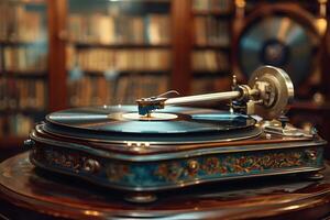 A record player on table in library photo