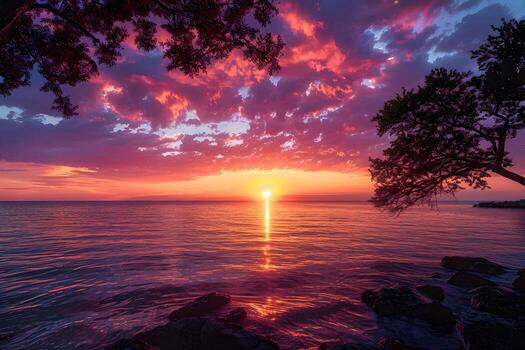 puesta de sol Oceano ver con rocas, árboles, y olas foto