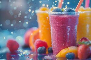 Two cups of fruit juice with strawberries and blueberries photo