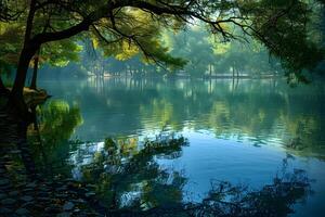 Trees reflected in water of lake with rocks photo