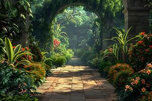 A view of a garden with a stone walkway and lush vegetation photo