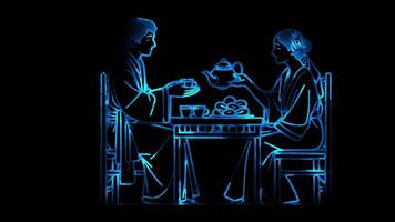 Neon frame effect scene of offering tea and sweets to visitors , glow, black background. video