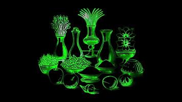 Neon frame effect Haft Seen, a traditional Nowruz Persian New Year table setting, glow, black background. video