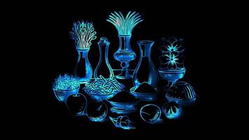 Neon frame effect Haft Seen, a traditional Nowruz Persian New Year table setting, glow, black background. video