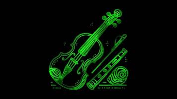 Neon frame effect fiddle and a tin whistle, traditional Irish musical instruments, glow, black background. video