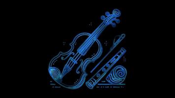 Neon frame effect fiddle and a tin whistle, traditional Irish musical instruments, glow, black background. video