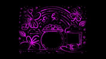 Neon frame effect St. Patrick's Day, featuring iconic symbols like a shamrock, glow, black background. video