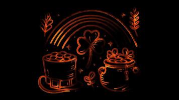 Neon frame effect St. Patrick's Day, featuring iconic symbols like a shamrock, glow, black background. video