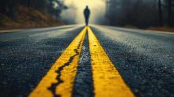background yellow road markings and the figure of a man in the distance photo