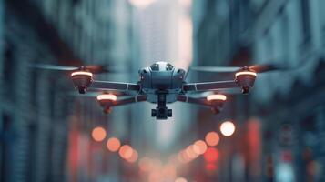 quadcopter drone with camera on a city street photo