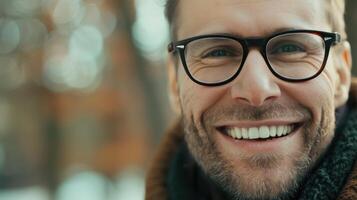 smiling Scandinavian man with glasses. Close-up on blurred background with free space photo