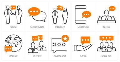 A set of 10 communication icons as talking, speech bubble, discussion vector