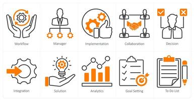 A set of 10 project management icons as workflow, manager, implementation vector