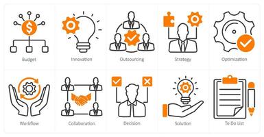 A set of 10 project management icons as budget, innovation, outsourcing vector