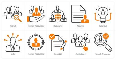 A set of 10 recruitment icons as recruit, human resources, outsource vector