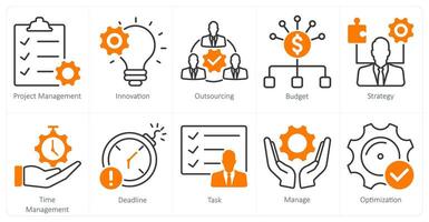 A set of 10 project management icons as project management, innovation, outsourcing vector