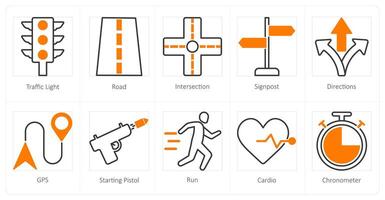 A set of 10 running icons as traffic light, road, intersection vector