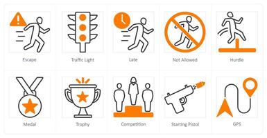 A set of 10 running icons as escape, traffic light, late vector