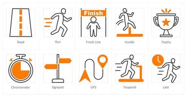 A set of 10 running icons as road, run, finish line vector