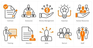 A set of 10 recruitment icons as contract, outsource, money managemen vector