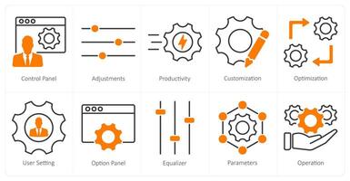 A set of 10 settings and configuration icons as control panel, adjustments, productivity vector