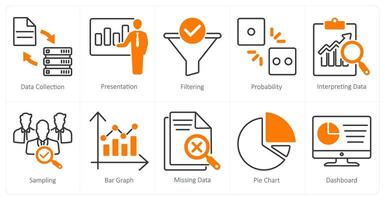 A set of 10 statistics icons as data collection, presentation, filtering vector