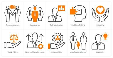 A set of 10 soft skills icons as communication, leadership, self motivation vector