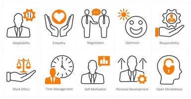 A set of 10 soft skills icons as adaptability, empathy, negotiation vector
