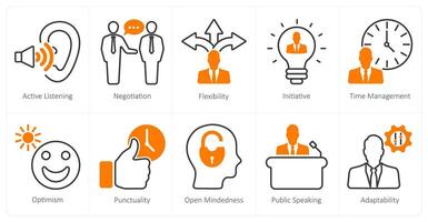 A set of 10 soft skills icons as active listening, negotiation, flexibility vector