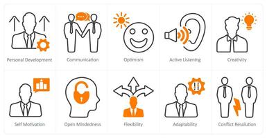 A set of 10 soft skills icons as personal development, communication, optimism vector