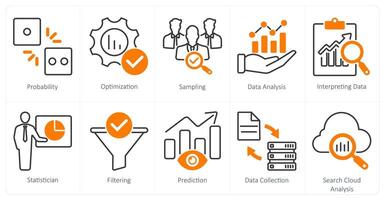 A set of 10 statistics icons as probability, optimization, sampling vector