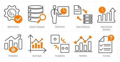 A set of 10 statistics icons as optimization, search database, statistician vector