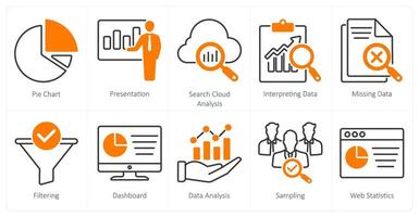 A set of 10 statistics icons as pie chart, presentation, search cloud analysis vector