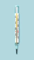 Mercury-in-glass thermometer with temperature mark 38 C on blue background flat lay vertical stopmotion animation slow motion v4k video