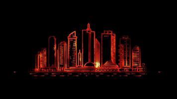 Neon frame effect skyline of Tel Aviv, Israel, glow, black background. video