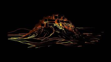 Neon frame effect ancient fortress of Masada in Israel, glow, black background. video