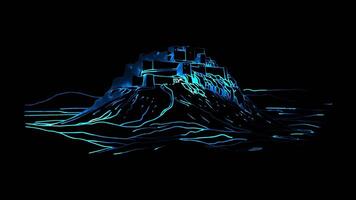 Neon frame effect ancient fortress of Masada in Israel, glow, black background. video