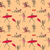 Seamless pattern with Set of Funny Skeletons on vacation on the beach. Cute character Skeleton Bones vector