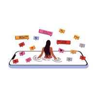 Doomscrolling at social media concept. Dependence on Internet, information and content. Gadget addiction. Illustration of the people fallen into a smartphone. vector