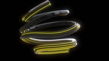 Abstract black curved shape with glowing yellow lines - loop rotation - 4K - isolated on black background video