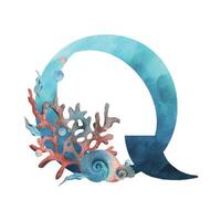 Capital letter Q, part of the Latin alphabet decorated in a wet theme with corals, shells, algae, bubbles, blue and coral colors. Hand drawn watercolor illustration. Element isolated from background vector