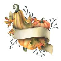 Orange autumn pumpkins with maple leaves, twigs and paper roll blank template for text. Watercolor illustration, hand drawn. Isolated composition on a white background vector