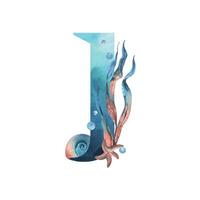 Capital letter J, part of the Latin alphabet decorated in a wet theme with corals, shells, algae, bubbles, blue and coral colors. Hand drawn watercolor illustration. Element isolated from background. vector