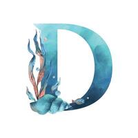 Capital letter D, part of the Latin alphabet decorated in a wet theme with corals, shells, algae, bubbles, blue and coral colors. Hand drawn watercolor illustration. Element isolated from background. vector