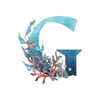 Capital letter G, part of the Latin alphabet decorated in a wet theme with corals, shells, algae, bubbles, blue and coral colors. Hand drawn watercolor illustration. Element isolated from background. vector