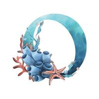 Capital letter O, part of the Latin alphabet decorated in a wet theme with corals, shells, algae, bubbles, blue and coral colors. Hand drawn watercolor illustration. Element isolated from background vector