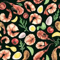 Various boiled shrimp with arugula, lemon, lime, cherry tomatoes, eggs. Watercolor illustration. Seamless pattern on a black background from the Shrimp collection. For the design and design vector