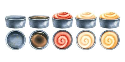 Ceramic saucepan side and top view, empty and with different sauces, soy sauce, tomato, cheese. Watercolor illustration. Mini set from the SHRIMP collection. For decoration, design and compositions. vector